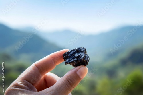 Hand holding shilajit resin for wellness and natural health with mountain background
