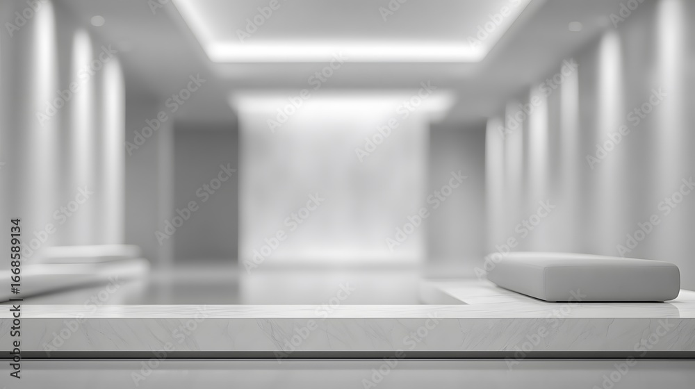 Fototapeta premium blurred image of a minimalist monochrome lounge softly glowing with diffused ceiling light, white marble and deep charcoal palette