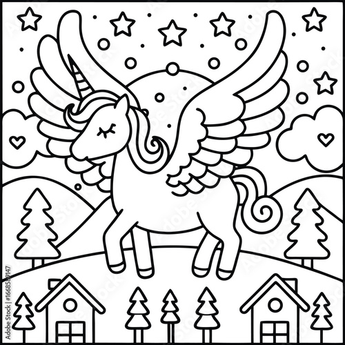 Enchanted Unicorn Pegasus Coloring Page with Whimsical Landscape Featuring Houses, Trees, Stars, and Clouds for Creative Fun
