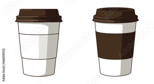 Two brown and white disposable coffee cups with lids side by side