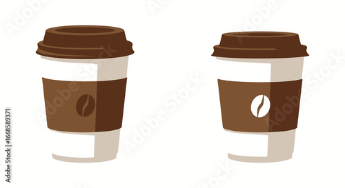 Two brown and white disposable coffee cups with lids side by side