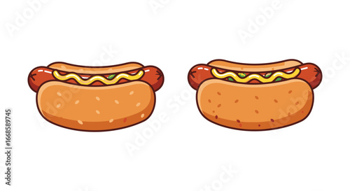 Two cartoon hot dogs with buns and condiments side by side