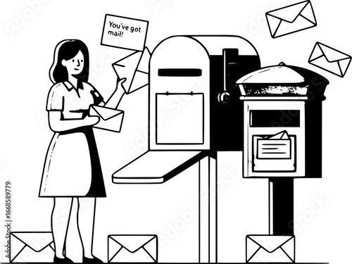 Woman getting letter and checking post box. Sending mail and post correspondence delivery. Getting messages and information concept. Flat vector illustration