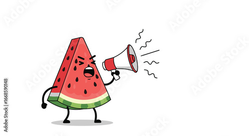 Angry watermelon character with megaphone announcing loudly with expressions