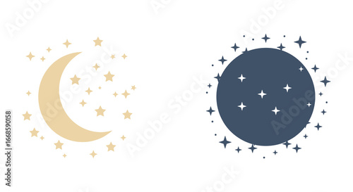 Crescent moon and full moon with stars in night sky