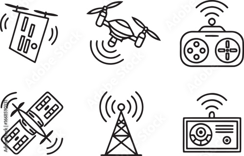 Drones remote control fly line art vector icon set. Technology and Digital flat black outline icons for Web and App. Editable illustration linear