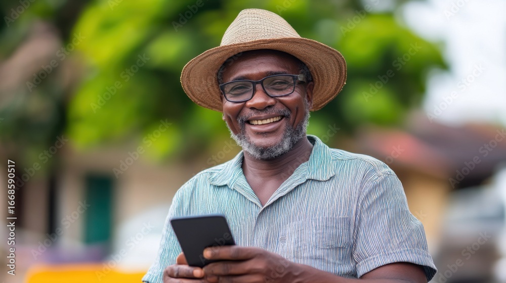 Fototapeta premium Joyful Elderly Man with Smartphone in Straw Hat Smiling Outdoors