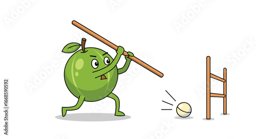 Funny green apple character playing a game with a stick and ball