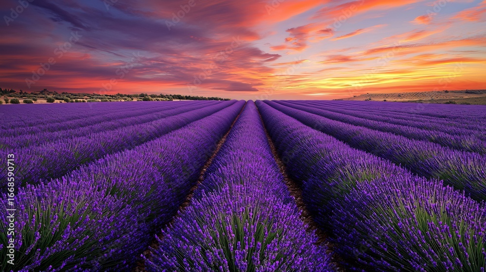 Obraz premium Lavender Fields at Sunset Purple Flowers Dreamy Landscape Provence France Travel Floral Beauty Aromatic Herbs Relaxing