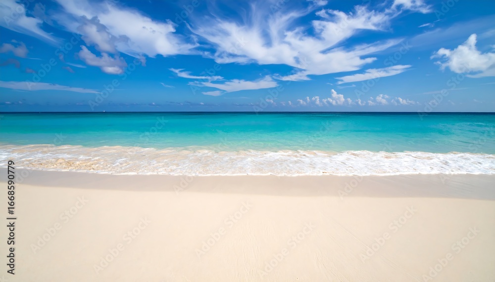 Obraz premium Serene Tropical Beachscape: Azure Waters, White Sand, and Wispy Clouds