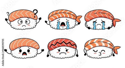 Cute sushi characters expressing a range of emotions and feelings