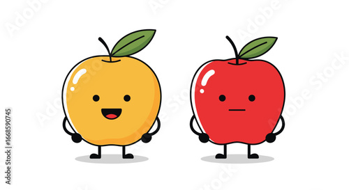 Two cute cartoon apples one yellow and one red happy and sad expressions