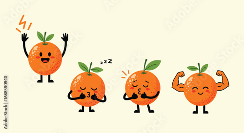 Cute oranges with expressive faces showcasing various emotions and actions