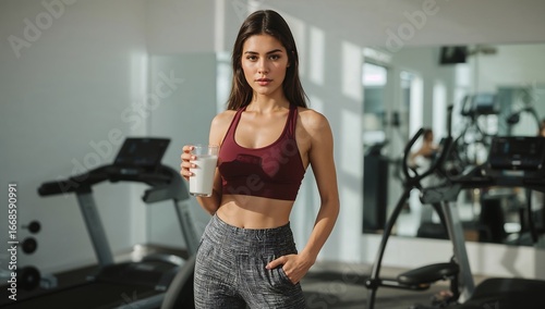 Healthy Young Woman in Sportswear Holding Water Bottle at Gym