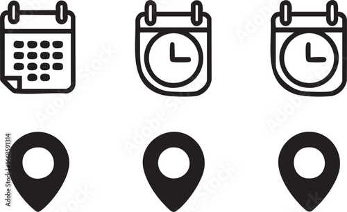 Calendar, clock, and location pin vector icons - schedule, time, and place symbols eps silhouette