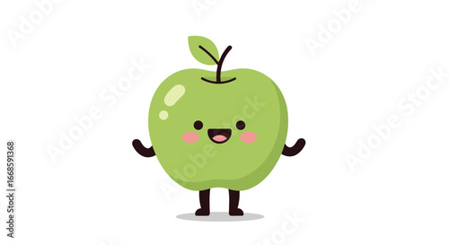 Adorable green apple character illustration dancing happily with wide open arms and a big smile