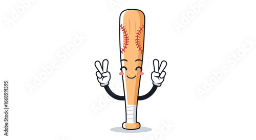 Baseball bat character holding up peace signs with a happy face
