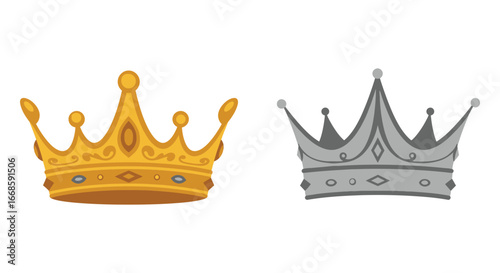 Two crowns one gold and one silver with jewels on white background
