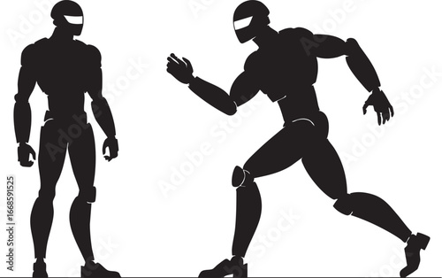 Robot vector silhouette: running and standing android illustration eps