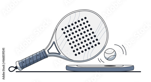 Padel racket hitting a tennis ball on a court surface line illustration