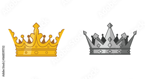 Golden and silver crowns on white background for royalty or luxury