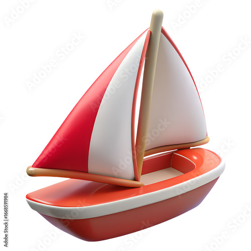 Stylized Red and White Toy Sailboat with Striped Sails and Wooden Mast.