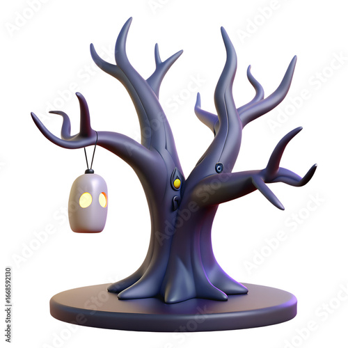 Stylized spooky purple tree with a hanging ghost lantern and glowing eyes on a stand.