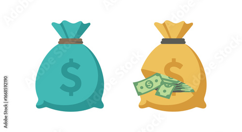 Two money bags with dollars and cash on a white background
