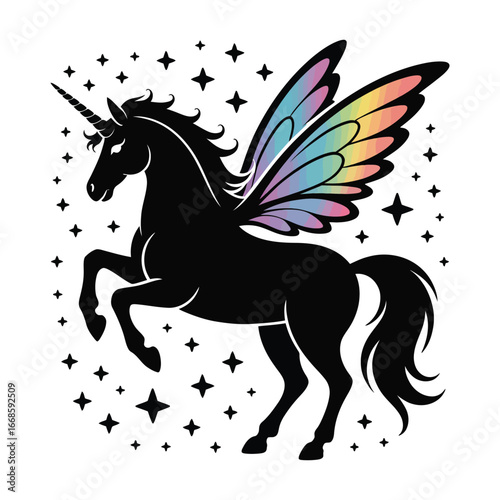 Elegant Unicorn Pegasus Vector Silhouette Illustration with Rainbow Wings and Starry Background