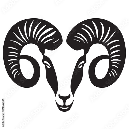 Ornate ram head silhouette, black and white.