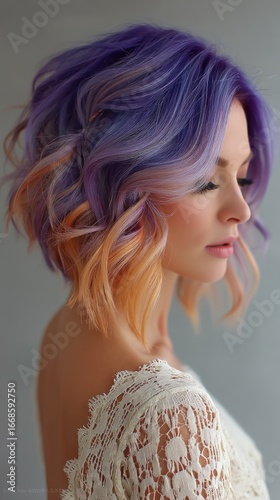 Woman with Short Purple and Orange Glitter Hair
