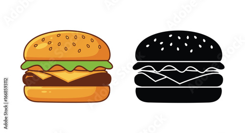 Colorful illustration of a cheeseburger and its black silhouette