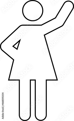 Black outline pictogram, with no fill, of a woman standing with one hand on her waist and pointing upwards with the other