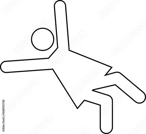 Black outline pictogram, with no fill, of a woman losing balance and falling