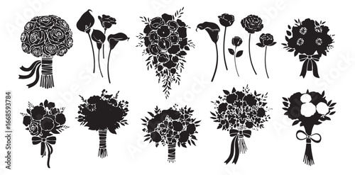 Collection of elegant black silhouette floral wedding bouquets and arrangements with ribbons isolated on transparent background