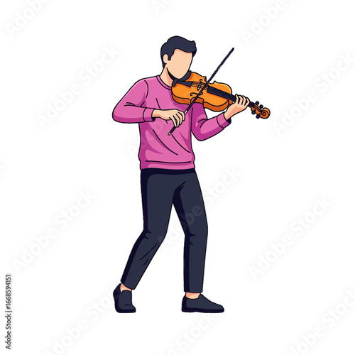 A man in a pink sweater playing the violin.