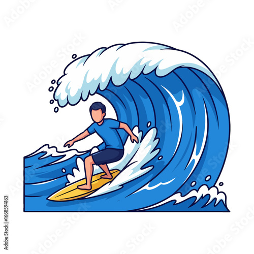 A surfer riding a large blue wave, with white foam cresting over the top.