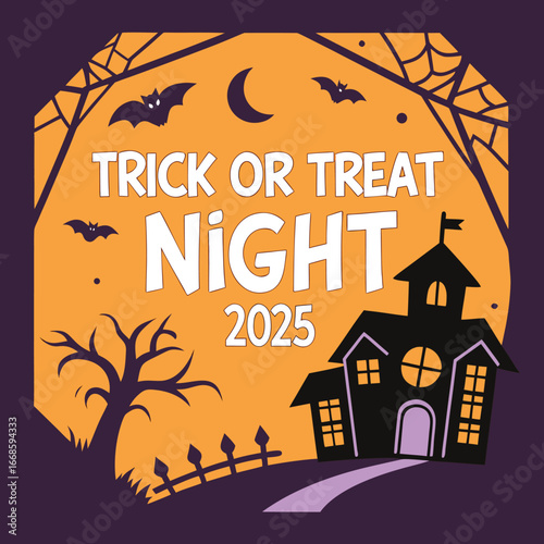Vector art of halloween trick or treat night with haunted house