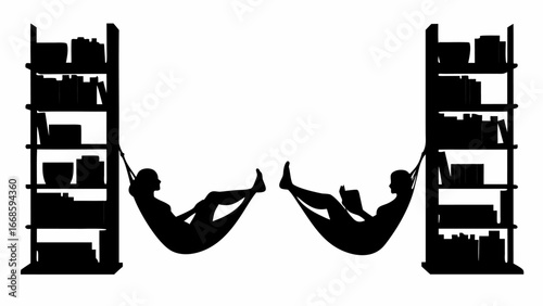 Silhouettes of people reading in hammocks suspended between bookshelves creating a cozy reading nook idea
