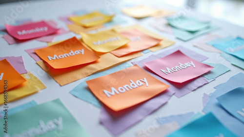 Stack of colorful sticky notes with weekday labels placed randomly on desk
