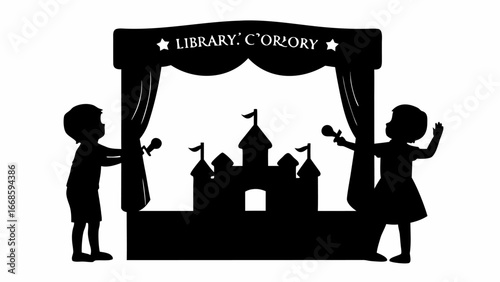Silhouette of children performing a puppet show with a castle backdrop under a library c'orzory banner