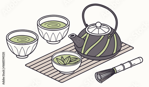 Asian tea ceremony icon. Teapot and cup with Japanese herbal drink. Bowl, bamboo whisk, mug for organic matcha. Kettle, teacup, pot of oriental beverage. Flat isolated vector illustration