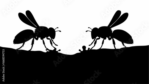 Two silhouette wasps facing each other on a dark surface against a contrasting white background scene