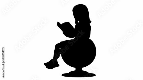 Silhouette of a girl sitting on a ball chair and reading a book in a well lit white background scene