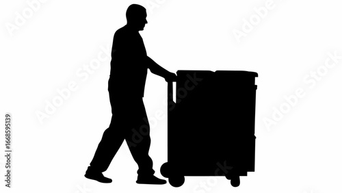 Silhouette of a man pushing a trolley with luggage in a black and white simple illustration style image