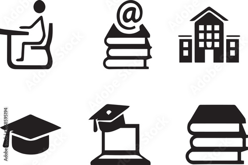Education and Learning Icons Set – Graduation Cap, Books, Online Study, School,A professional black and white education icon set featuring graduation caps, books,  online learning, school