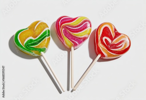 Wallpaper Mural Three heart-shaped lollipops, yellow-green, pink-orange-red, and red-orange, arranged in a slight arc on a white background, casting subtle shadows Torontodigital.ca