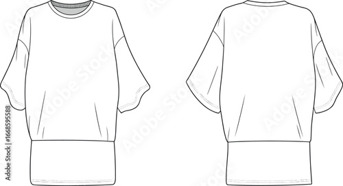 Loose fit batwing sleeve t-shirt flat sketch vector fashion design front and back view template for women clothing illustration.