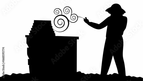 Silhouette of a person with hat standing near a building with decorative swirls emanating from it shown