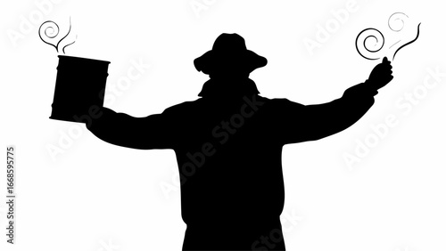 Silhouette of a beekeeper holding a smoker and a lit match with smoke on a white background